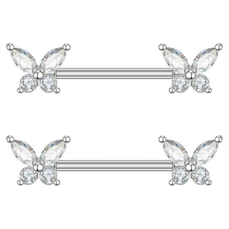 Arardo Surgical Steel Nipple Rings, 316L Stainless Steel Nipple Barbell, 14G Nipple Piercing Jewelry, 1 Pair, Crystal CZ, Butterfly