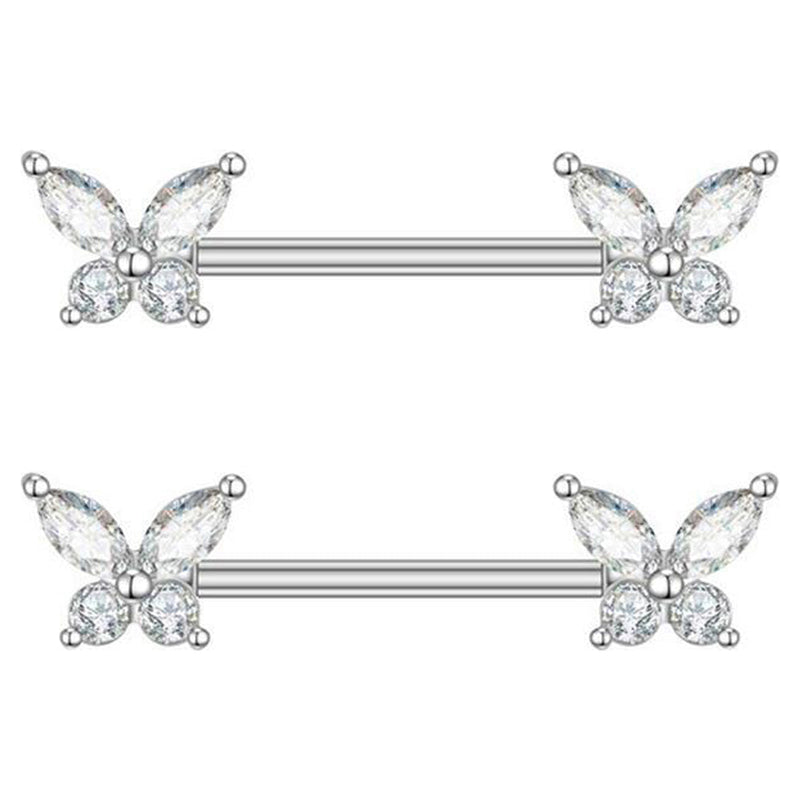 Arardo Surgical Steel Nipple Rings, 316L Stainless Steel Nipple Barbell, 14G Nipple Piercing Jewelry, 1 Pair, Crystal CZ, Butterfly