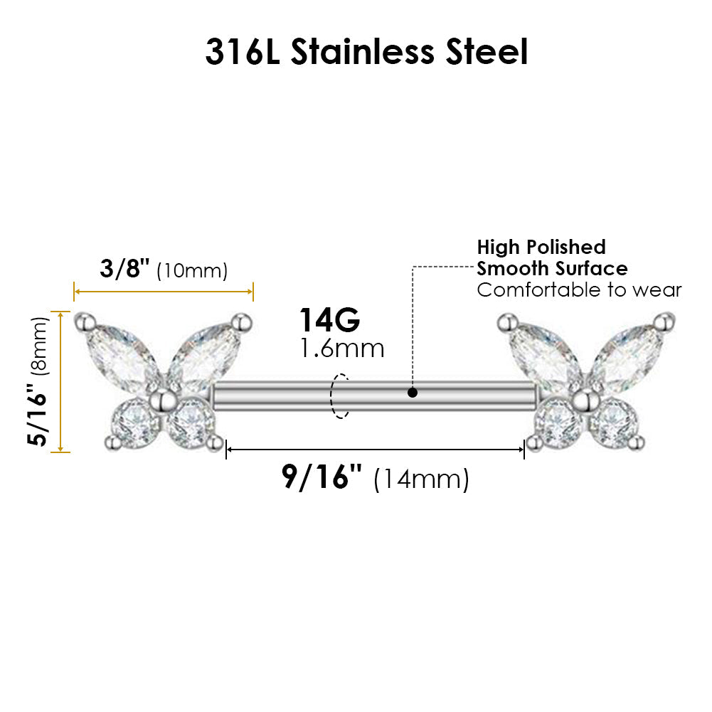 316L Stainless Steel Nipple Piercing, Nipple Rings, Nipple Barbell, Butterfly Silver CZ