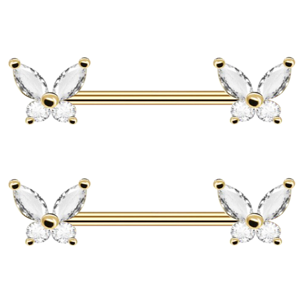 316L Stainless Steel Nipple Piercing, Nipple Rings, Nipple Barbell, Butterfly Gold CZ