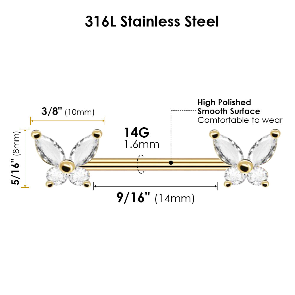 316L Stainless Steel Nipple Piercing, Nipple Rings, Nipple Barbell, Butterfly Gold CZ
