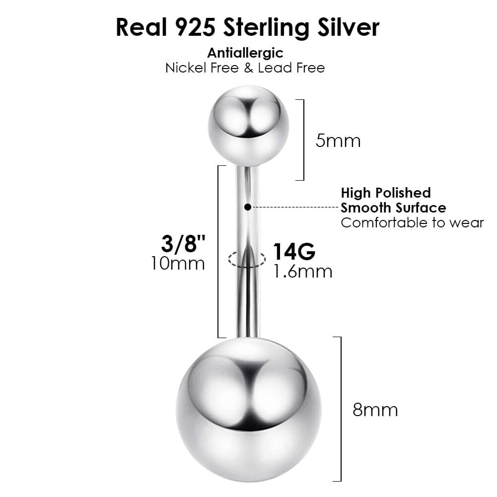 Arardo 925 Sterling Silver 14G Belly Button Rings Navel Rings Belly Rings Belly Body Piercing Jewelry Ball SS1