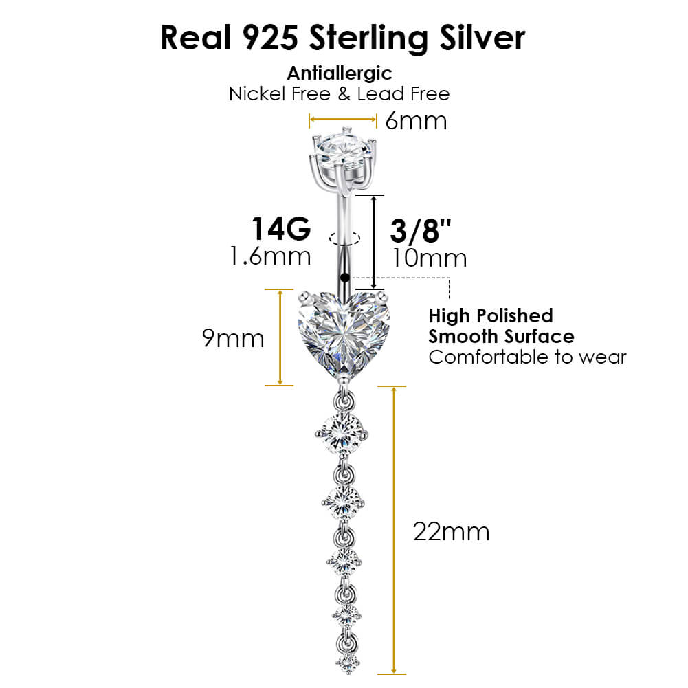 Arardo 925 Sterling Silver Belly Button Rings 14G Navel Rings Sterling Silver Belly Rings Belly Piercing Jewelry Dangle Heart Long SS13
