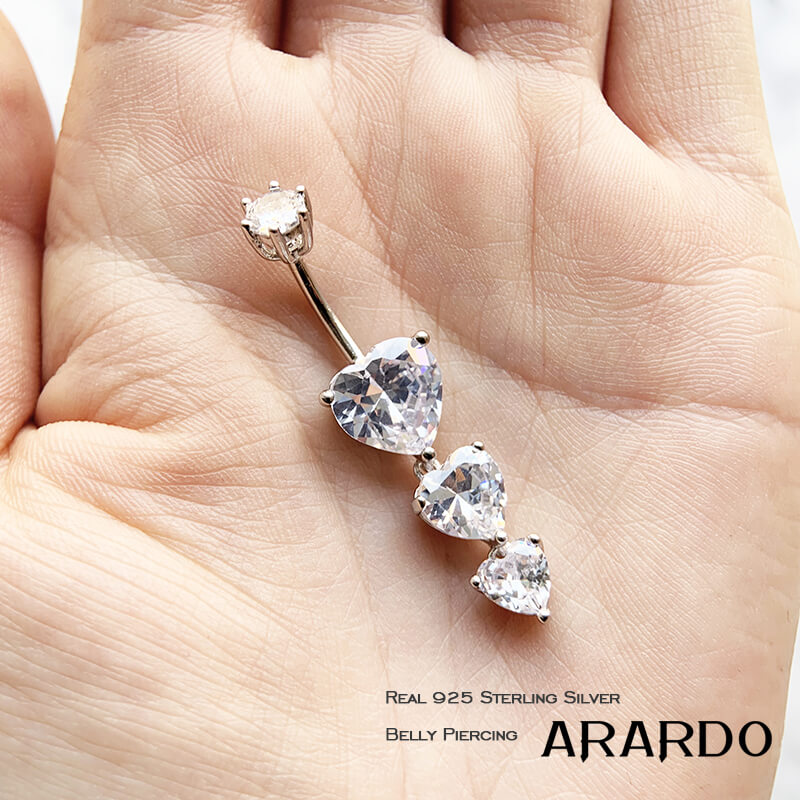 Arardo 925 Sterling Silver 14G Dangle Belly Button Rings Three Heart Clear CZ Navel Rings Belly Rings Belly Body Piercing Jewelry
