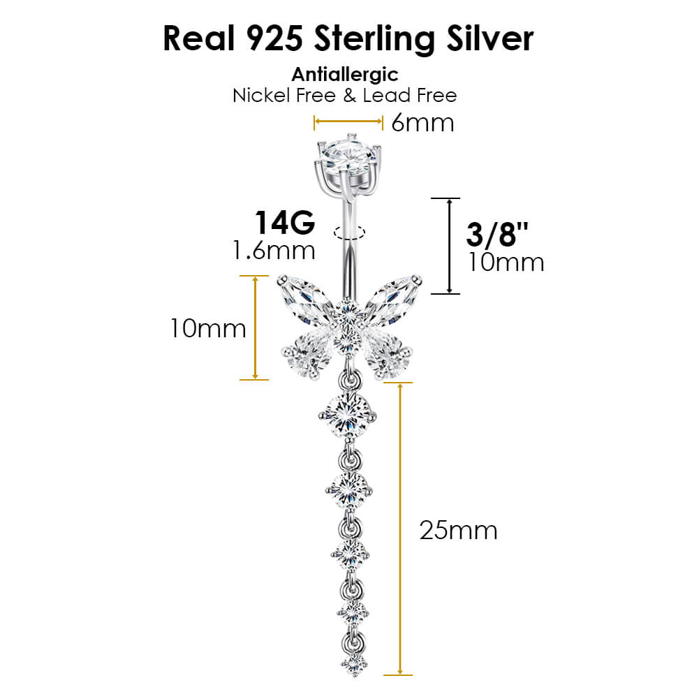 Arardo 925 Sterling Silver Belly Button Rings 14G Navel Rings Sterling Silver Belly Rings Belly Piercing Jewelry Dangle Butterfly Long SS14