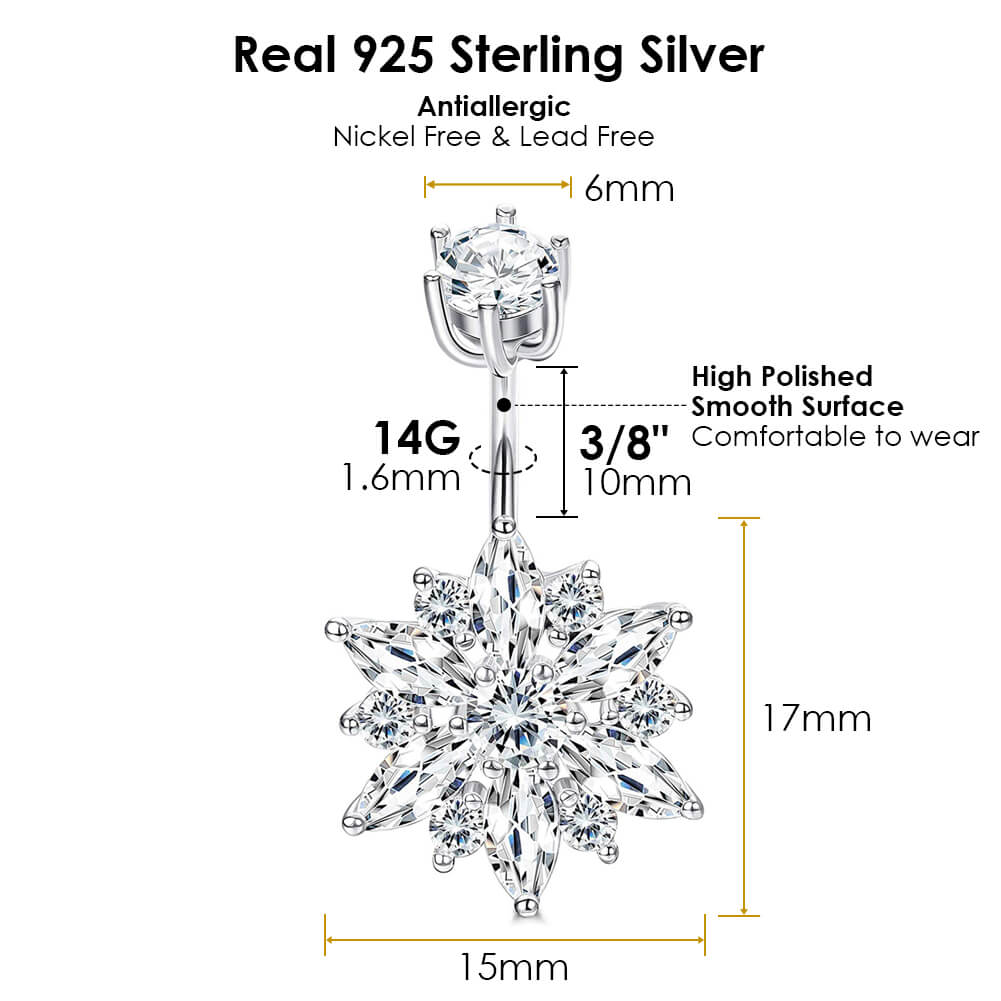 Arardo 925 Sterling Silver Belly Button Rings 14G Navel Rings Sterling Silver Belly Rings Belly Piercing Jewelry Luxurious Flower SS19