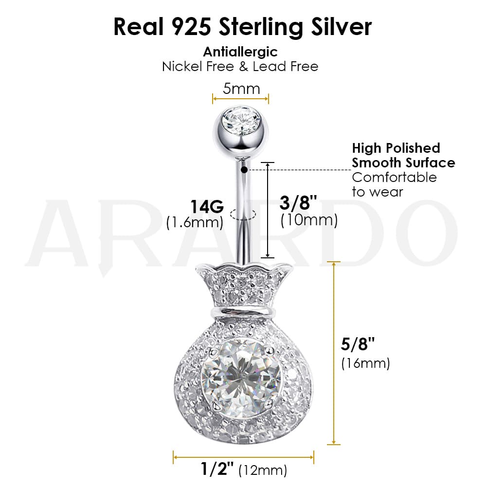 Sterling Silver Belly Button Rings, Real 925 Sterling Silver Belly Piercing, Navel Piercing Rings,Treasure