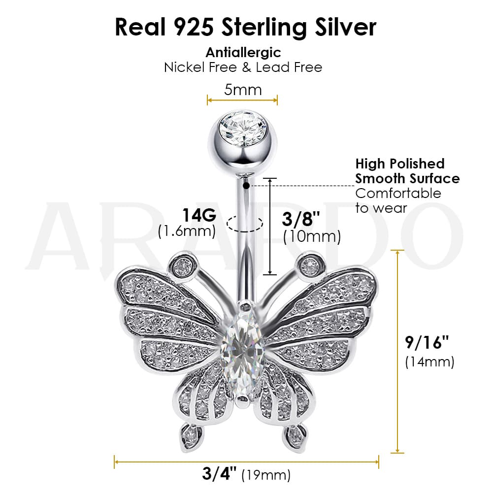 Sterling Silver Belly Button Rings, Real 925 Sterling Silver Belly Piercing, Navel Piercing Rings,Butterfly CZ