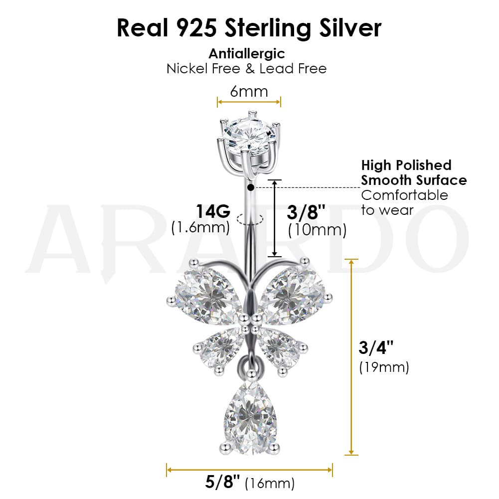 Sterling Silver Belly Button Rings, Real 925 Sterling Silver Belly Piercing, Navel Piercing Rings,Dangle Butterfly CZ