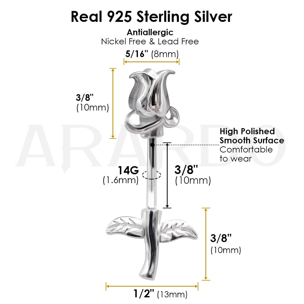 Sterling Silver Belly Button Rings, Real 925 Sterling Silver Belly Piercing, Navel Piercing Rings,Rose Flower