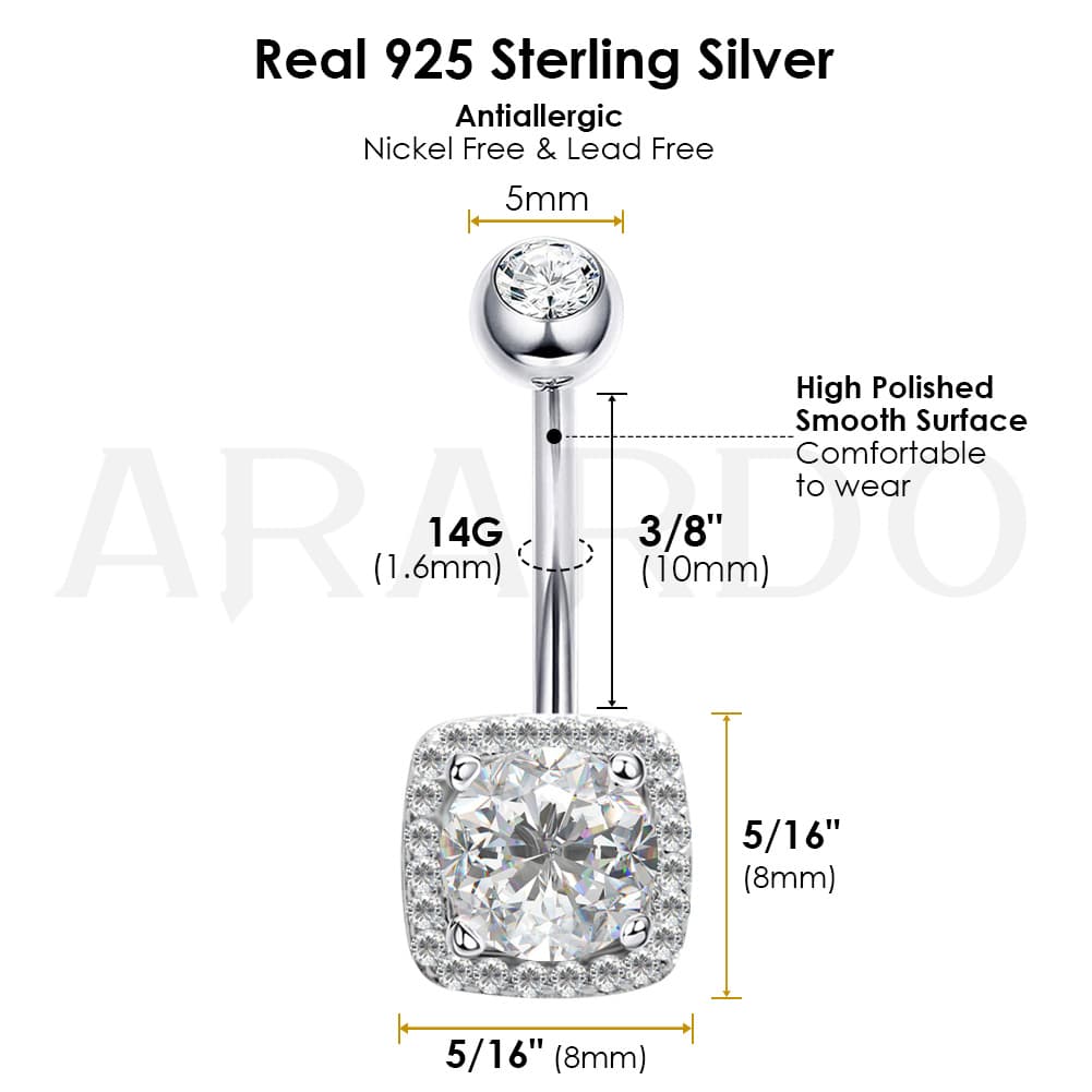 Sterling Silver Belly Button Rings, Real 925 Sterling Silver Belly Piercing, Navel Piercing Rings,Square Circular CZ