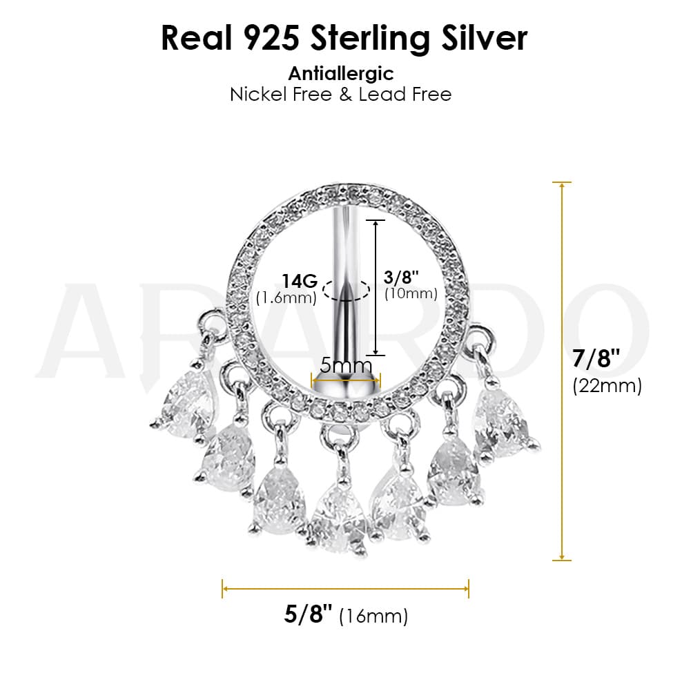 Sterling Silver Belly Button Rings, Real 925 Sterling Silver Belly Piercing, Navel Piercing Rings,Reverse Circular Teardrop CZ