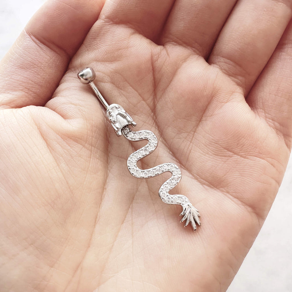 Sterling Silver Belly Button Rings, Real 925 Sterling Silver Belly Piercing, Navel Piercing Rings, Long Dragon