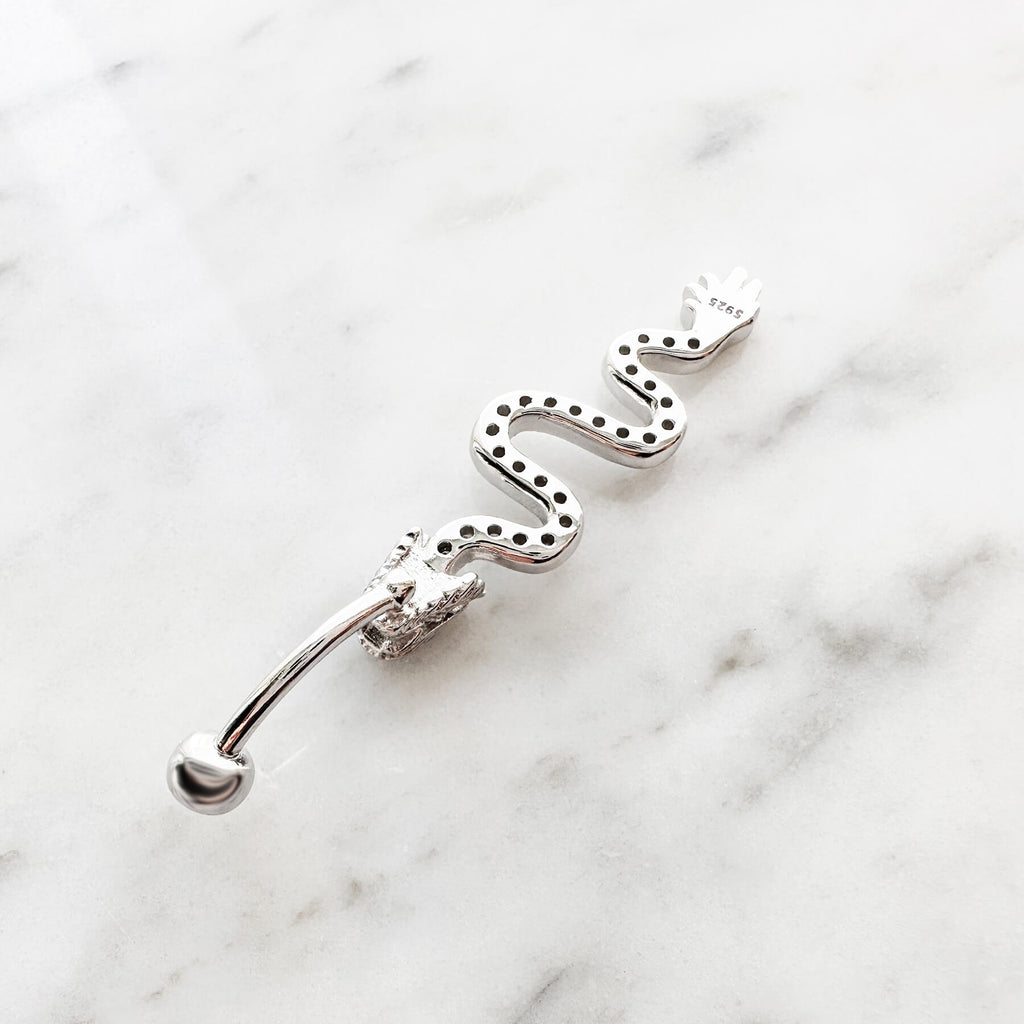 Sterling Silver Belly Button Rings, Real 925 Sterling Silver Belly Piercing, Navel Piercing Rings, Long Dragon
