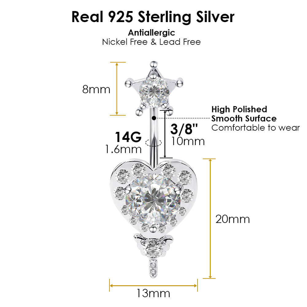 Arardo 925 Sterling Silver Belly Button Rings 14G Navel Rings Sterling Silver Belly Rings Belly Piercing Jewelry Star and Heart SS22