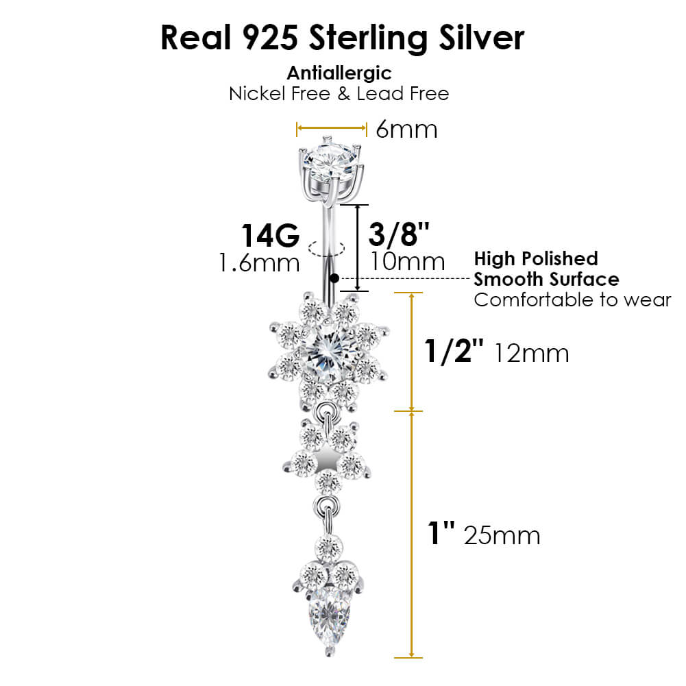 Arardo Sterling Silver Belly Button Rings,Real 925 Sterling Silver,14G,Sterling Silver Navel Piercing Rings,Dangle Flowerstar SS24
