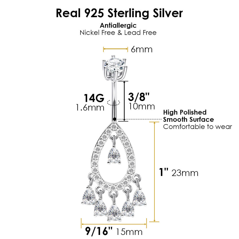 Arardo Sterling Silver Belly Button Rings,Real 925 Sterling Silver,14G,Sterling Silver Navel Piercing Rings,Dangle Big Teardrop SS25