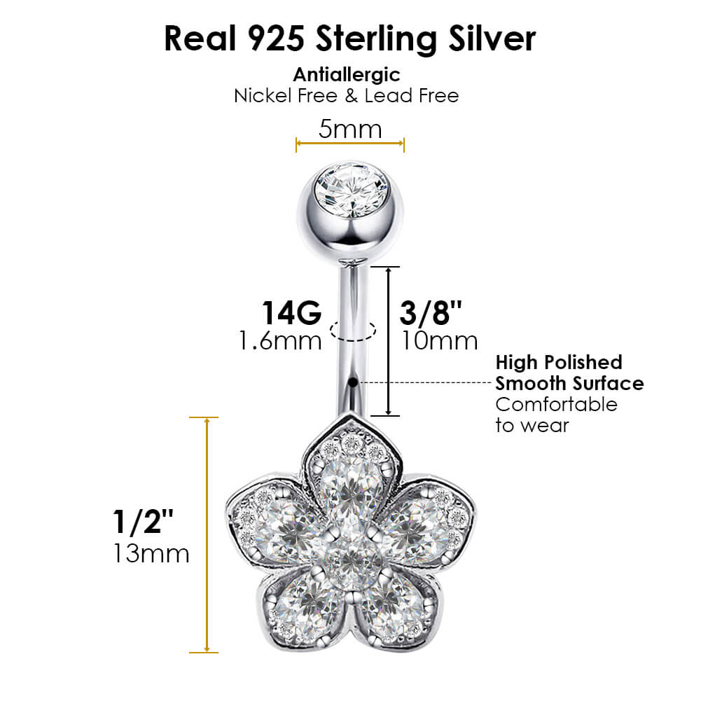 Arardo Sterling Silver Belly Button Rings,Real 925 Sterling Silver,14G Sterling Silver Navel Piercing Rings, Five Petal Flower SS27
