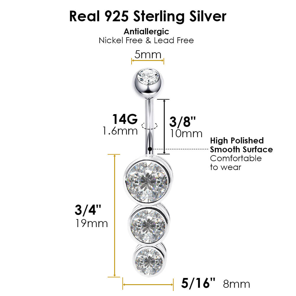 Arardo Sterling Silver Belly Button Rings,Real 925 Sterling Silver,14G Sterling Silver Navel Piercing Rings, Dangle Round CZ SS29