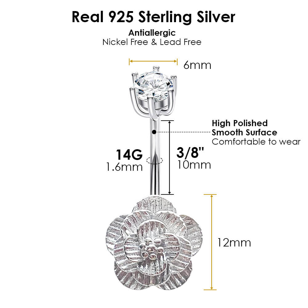 Arardo Sterling Silver Belly Button Rings,Real 925 Sterling Silver,14G Sterling Silver Navel Piercing Rings, Peach Blossom Silver SS30
