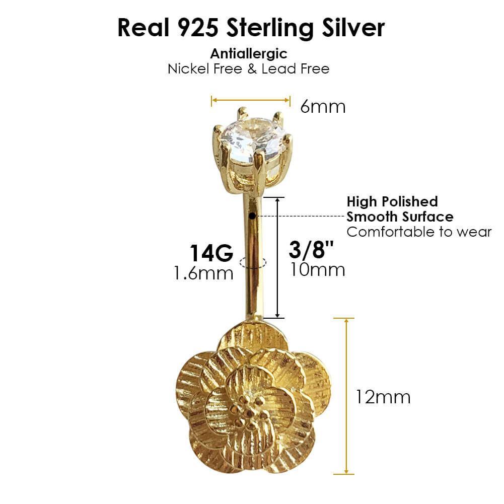 Arardo Sterling Silver Belly Button Rings,Real 925 Sterling Silver,14G Sterling Silver Navel Piercing Rings, Peach Blossom Gold SS31