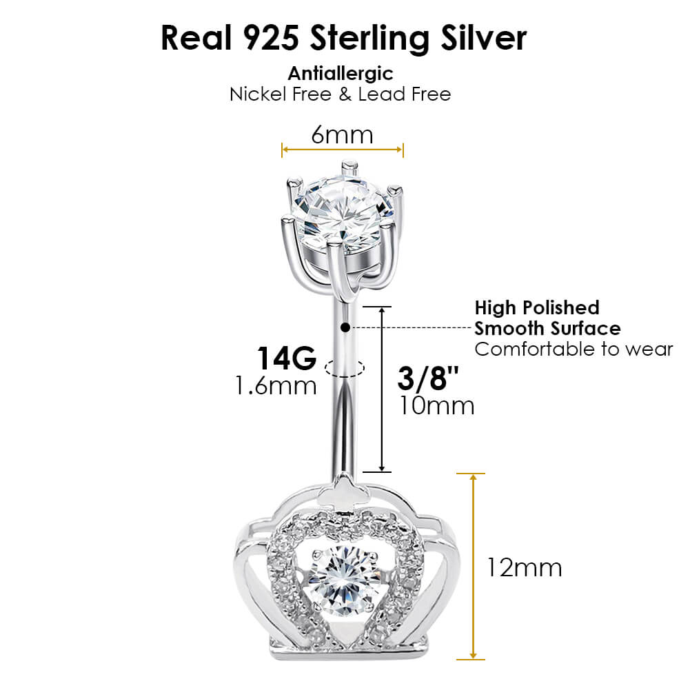 Arardo Sterling Silver Belly Button Rings,Real 925 Sterling Silver,14G Sterling Silver Navel Piercing Rings, Royal Crown SS32