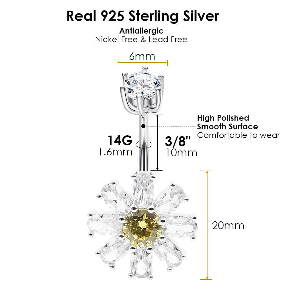Arardo Sterling Silver Belly Button Rings,Real 925 Sterling Silver,14G Sterling Silver Navel Piercing Rings, Eight Petal Flower SS35