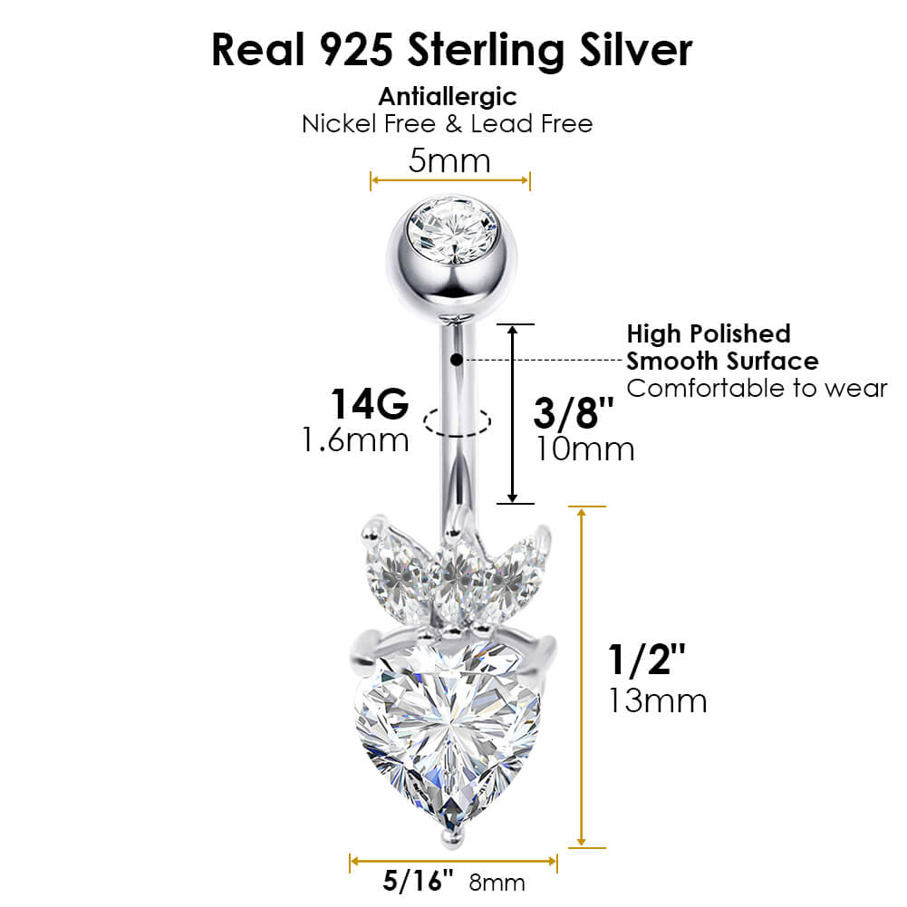 Arardo Sterling Silver Belly Button Rings,Real 925 Sterling Silver,14G Sterling Silver Navel Piercing Rings, Heart With Crown SS36