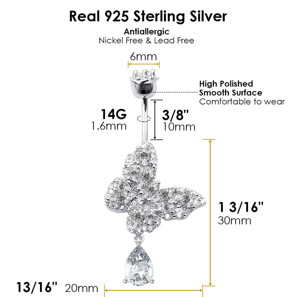 Arardo Sterling Silver Belly Button Rings,Real 925 Sterling Silver,14G Sterling Silver Navel Piercing Rings, Butterfly Dangle Drop SS37-1