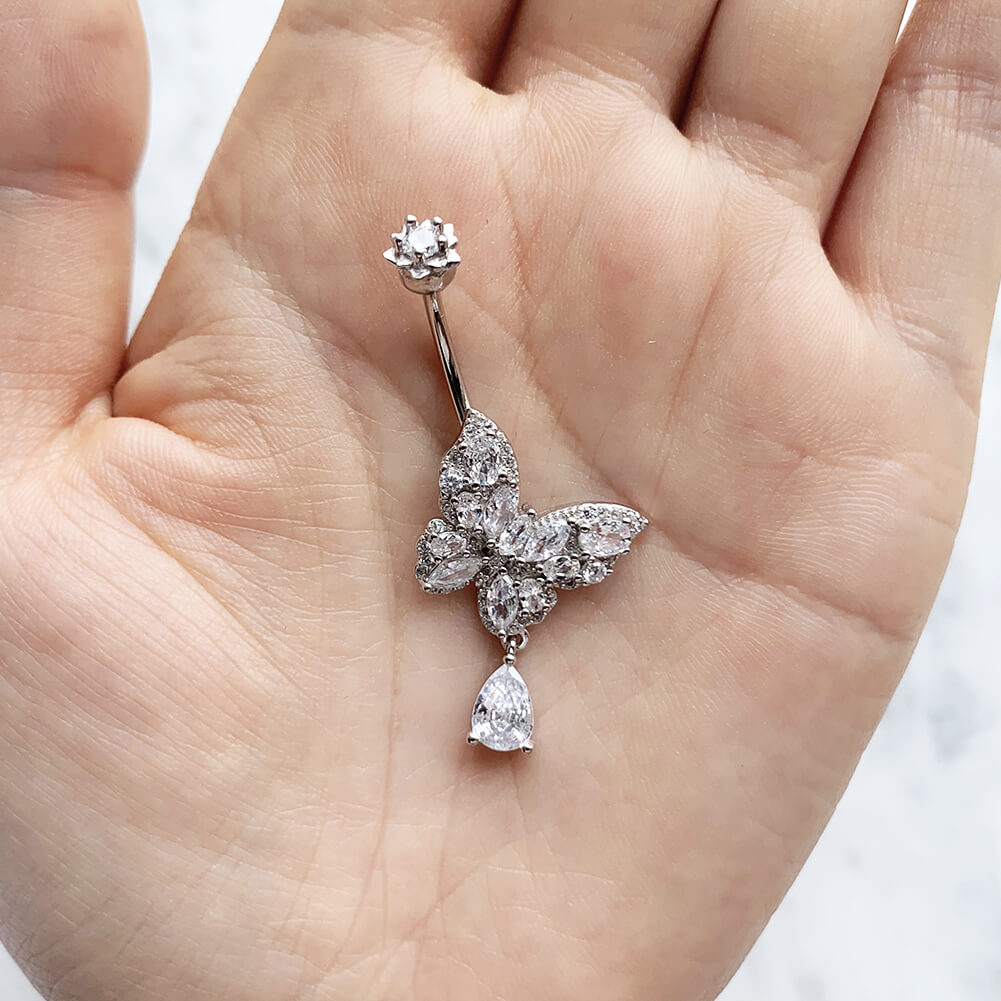 Arardo Sterling Silver Belly Button Rings,Real 925 Sterling Silver,14G Sterling Silver Navel Piercing Rings, Butterfly Dangle Drop SS37-1
