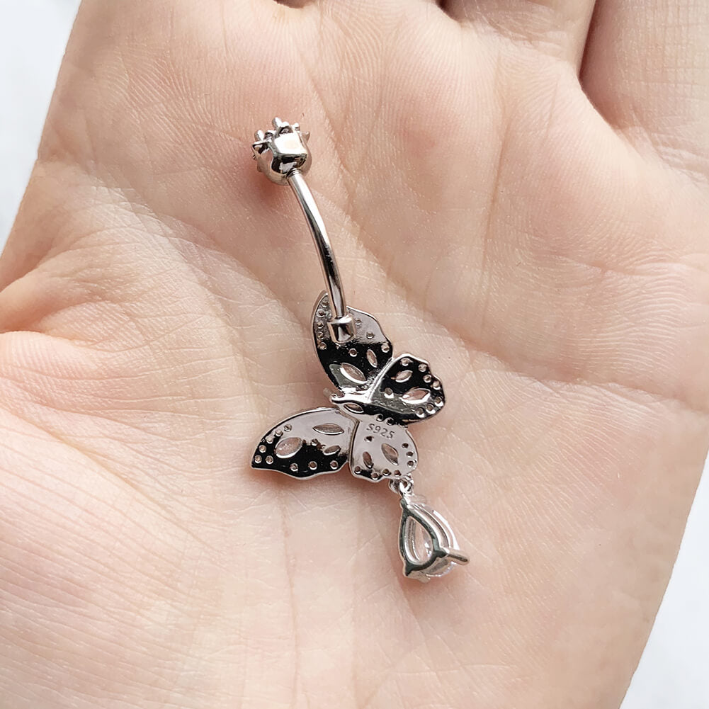 Arardo Sterling Silver Belly Button Rings,Real 925 Sterling Silver,14G Sterling Silver Navel Piercing Rings, Butterfly Dangle Drop SS37-1