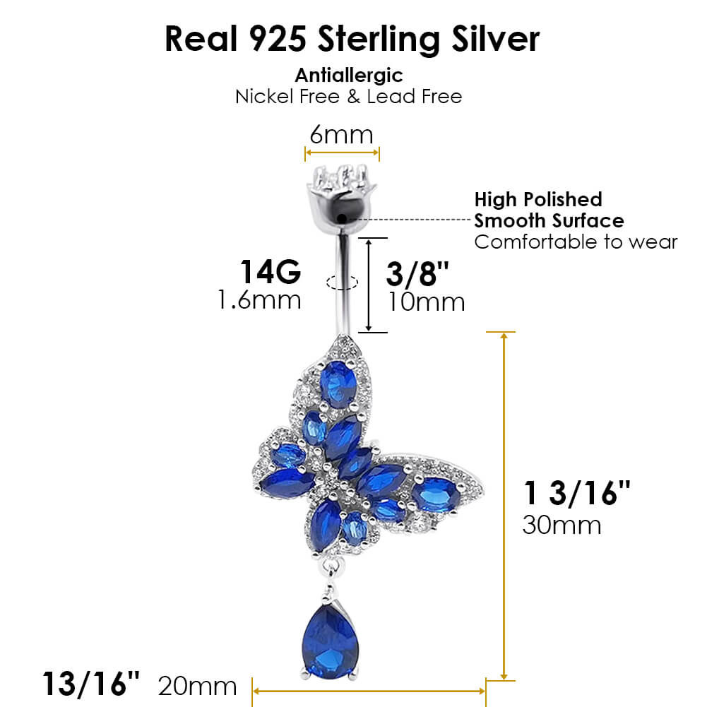 Arardo Sterling Silver Belly Button Rings,Real 925 Sterling Silver,14G Sterling Silver Navel Piercing Rings, Butterfly Dangle Blue SS37-2