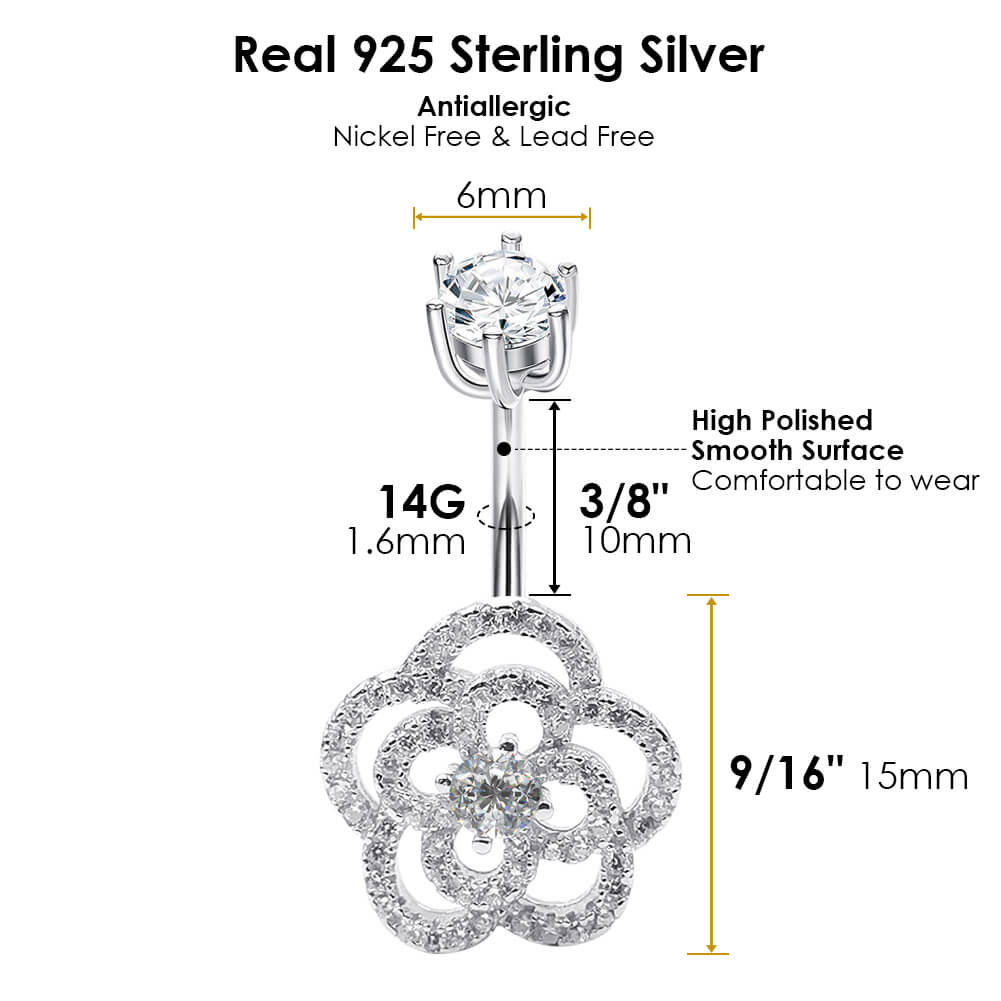 Arardo Sterling Silver Belly Button Rings,Real 925 Sterling Silver,14G Sterling Silver Navel Piercing Rings, Hollow Flower SS39