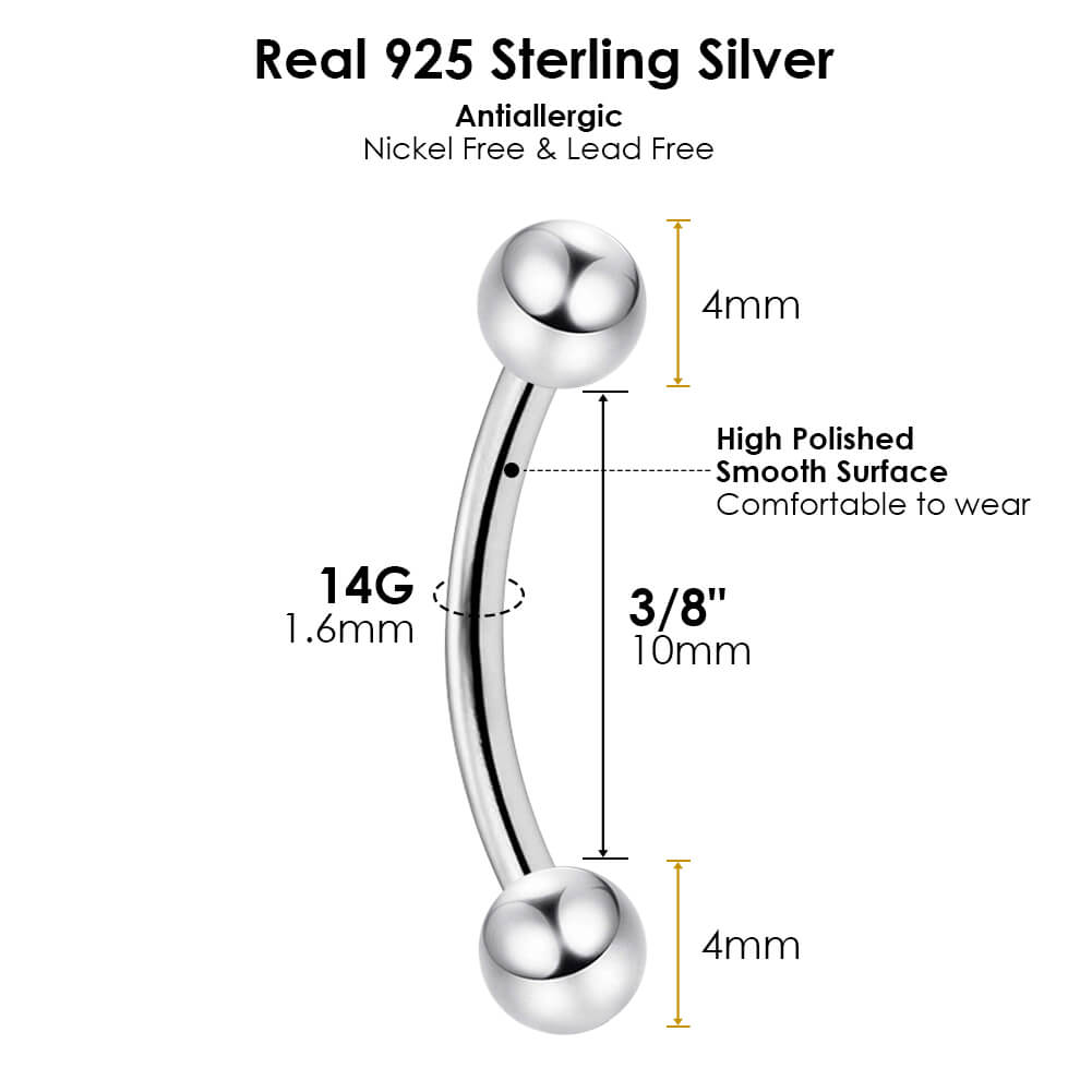 Arardo Sterling Silver Belly Button Rings,Real 925 Sterling Silver,14G Sterling Silver Navel Piercing Rings, Curved Barbell SS40