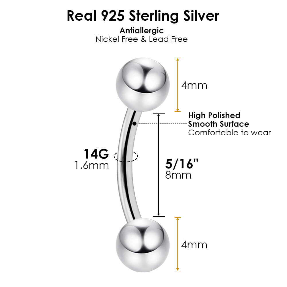 Arardo Sterling Silver Belly Button Rings,Real 925 Sterling Silver,14G Sterling Silver Navel Piercing Rings, Curved Barbell SS40