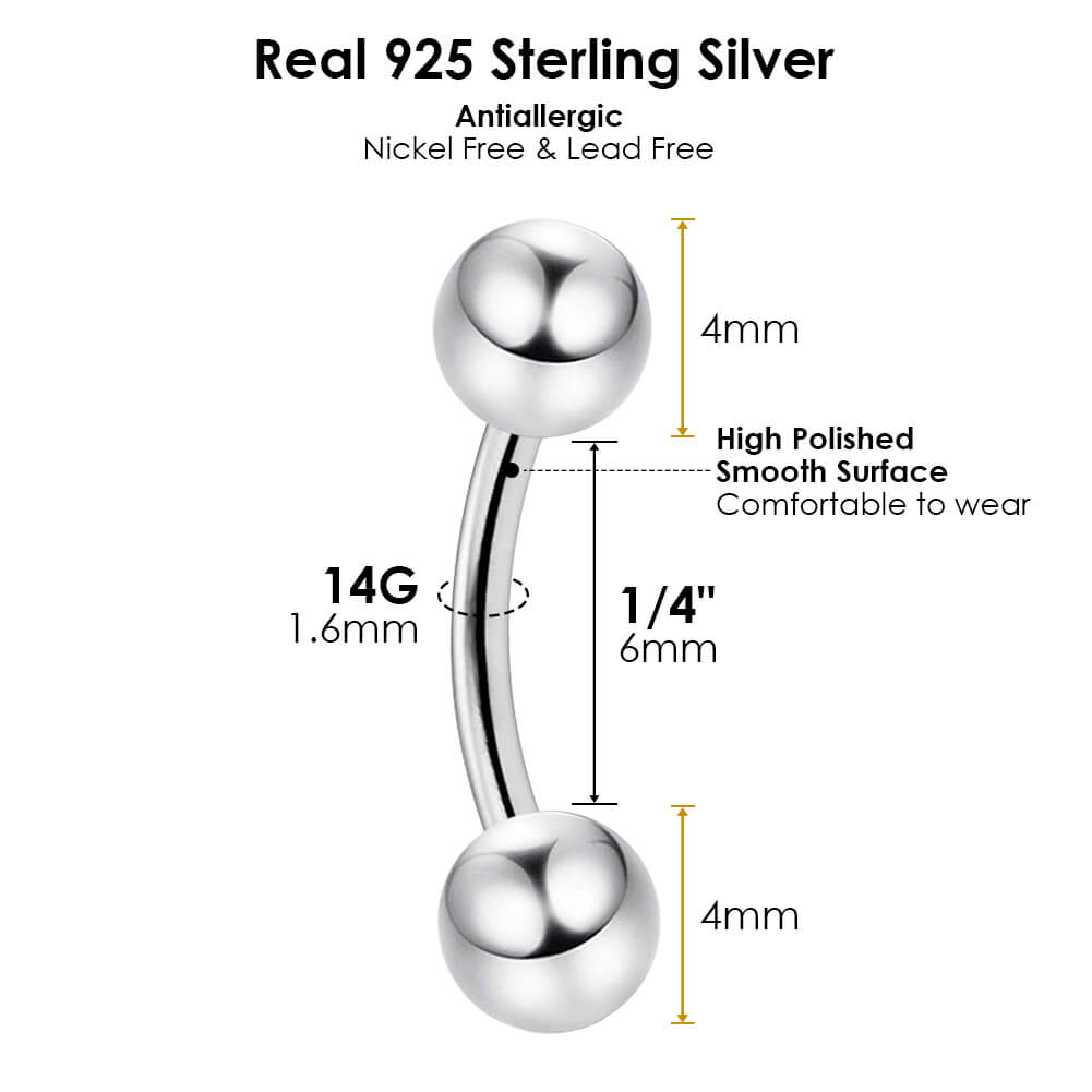 Arardo Sterling Silver Belly Button Rings,Real 925 Sterling Silver,14G Sterling Silver Navel Piercing Rings, Curved Barbell SS40