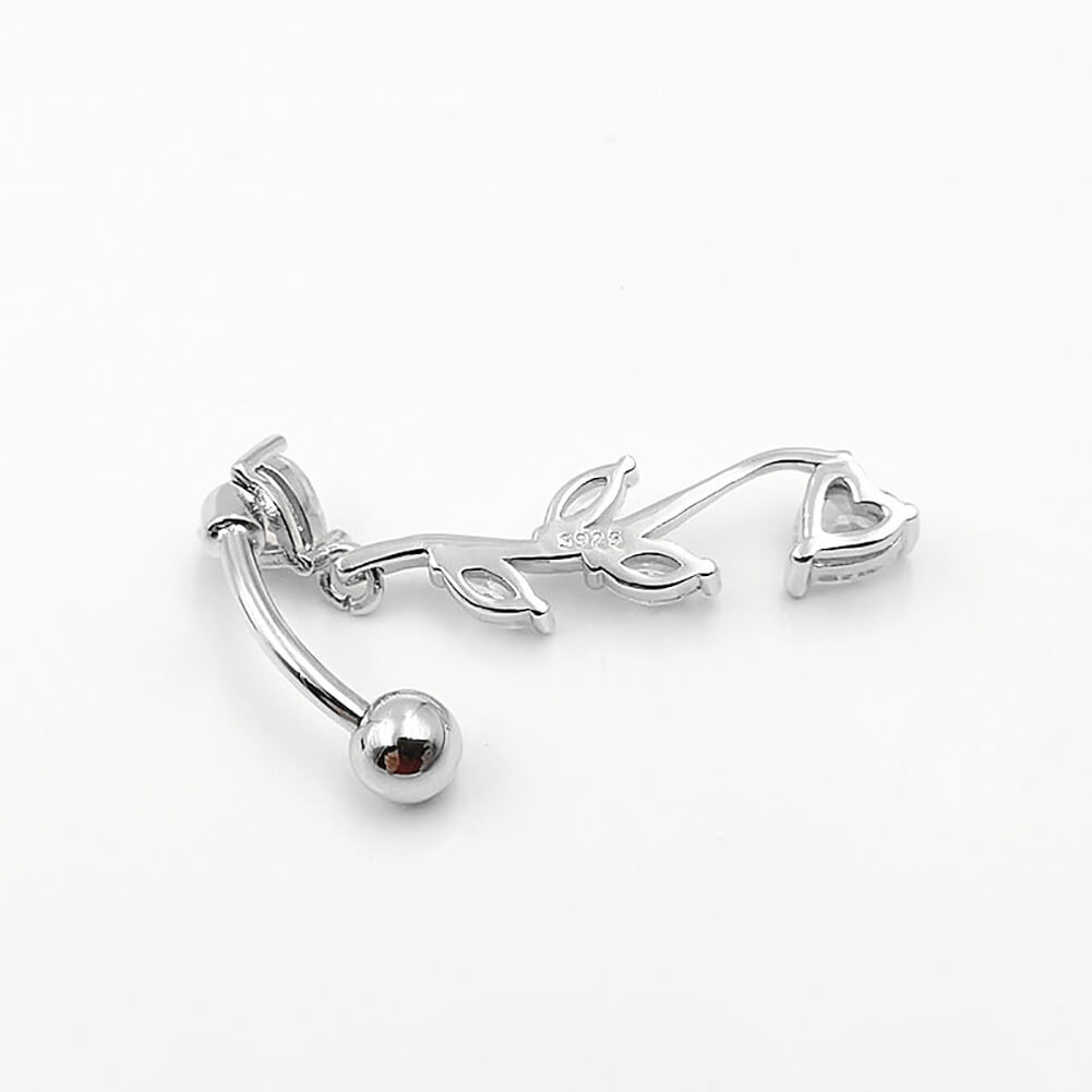 Arardo Sterling Silver Top Down Reverse Belly Button Rings, Real 925 Sterling Silver Belly Rings, 14G Reverse Belly Button Ring, Sterling Silver Navel Piercing Rings, Dangle Leaves, SS50