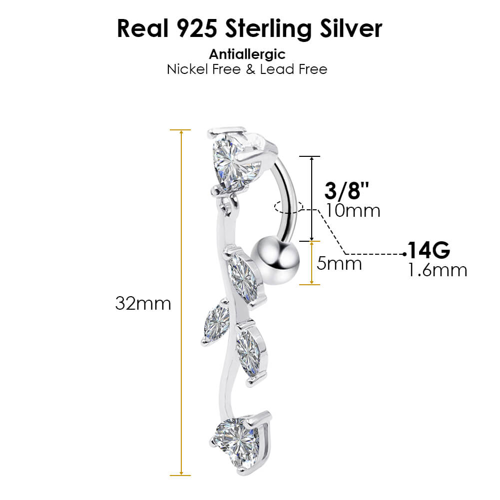 Arardo Sterling Silver Top Down Reverse Belly Button Rings, Real 925 Sterling Silver Belly Rings, 14G Reverse Belly Button Ring, Sterling Silver Navel Piercing Rings, Dangle Leaves, SS50