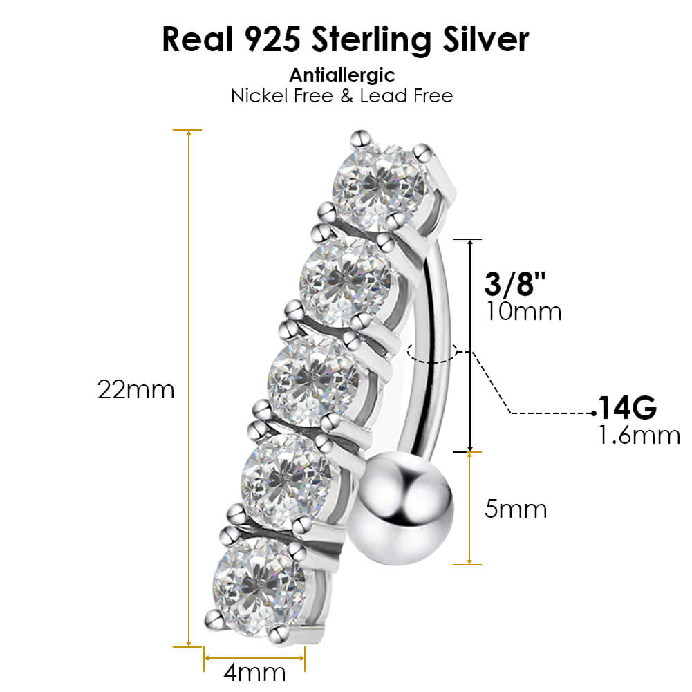 Arardo Sterling Silver Top Down Reverse Belly Button Rings, Real 925 Sterling Silver Belly Rings, 14G Reverse Belly Button Ring, Sterling Silver Navel Piercing Rings, Five Round CZ, SS51