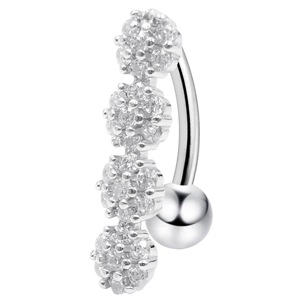 Arardo Sterling Silver Top Down Reverse Belly Button Rings, Real 925 Sterling Silver Belly Rings, 14G Reverse Belly Button Ring, Sterling Silver Navel Piercing Rings, Four Flower CZ, SS52