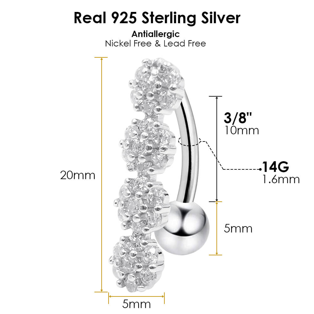 Arardo Sterling Silver Top Down Reverse Belly Button Rings, Real 925 Sterling Silver Belly Rings, 14G Reverse Belly Button Ring, Sterling Silver Navel Piercing Rings, Four Flower CZ, SS52