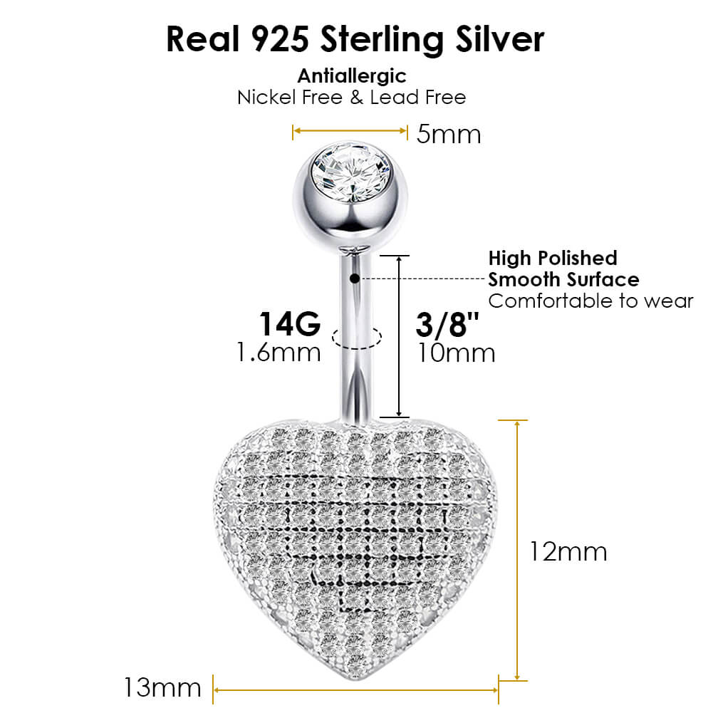 Arardo Sterling Silver Belly Button Rings, Real 925 Sterling Silver, Belly Piercing Jewelry, 14G Sterling Silver Navel Piercing Rings, Heart CZ, SS53