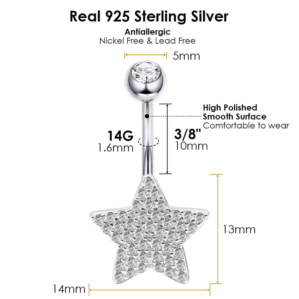 Arardo Sterling Silver Belly Button Rings, Real 925 Sterling Silver, Belly Piercing Jewelry, 14G Sterling Silver Navel Piercing Rings, Star CZ, 10mm, SS54-1