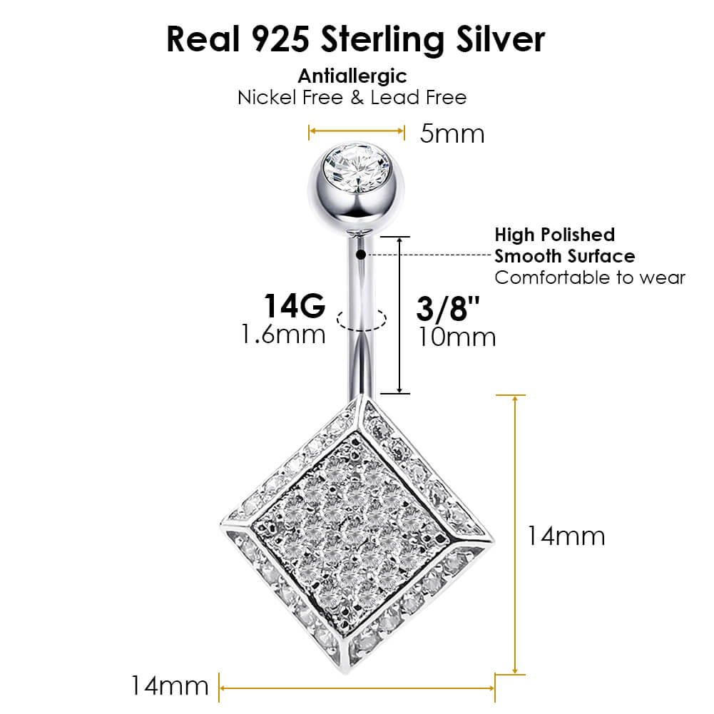 Arardo Sterling Silver Belly Button Rings, Real 925 Sterling Silver, Belly Piercing Jewelry, 14G Sterling Silver Navel Piercing Rings, Rhombus, 10mm, SS55-1