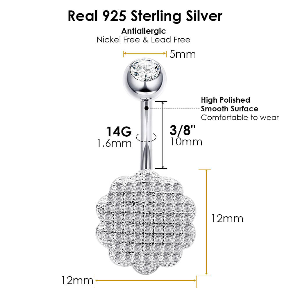 Arardo Sterling Silver Belly Button Rings, Real 925 Sterling Silver, Belly Piercing Jewelry, 14G Sterling Silver Navel Piercing Rings, Flower, 10mm, SS56-1