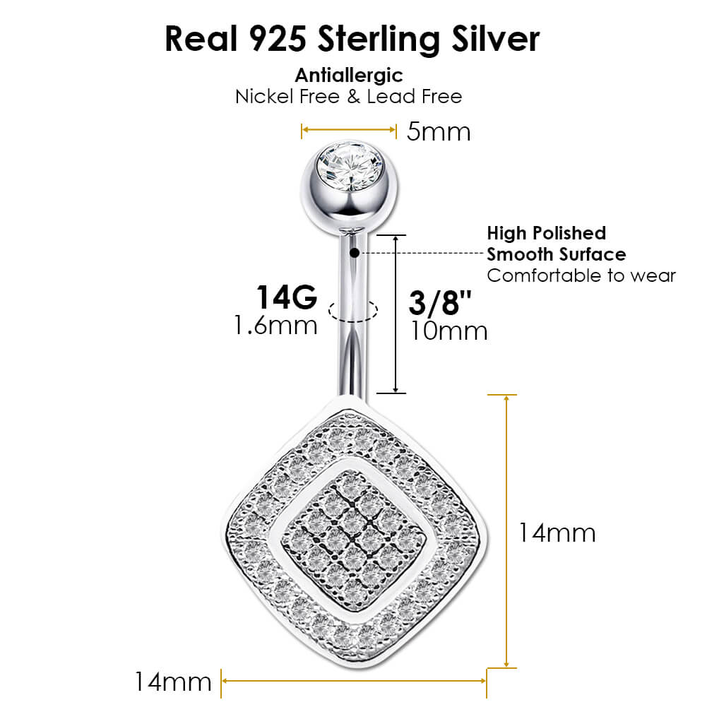 Arardo Sterling Silver Belly Button Rings, Real 925 Sterling Silver, Belly Piercing Jewelry, 14G Sterling Silver Navel Piercing Rings, Rounded Rhombus, 10mm, SS57-1