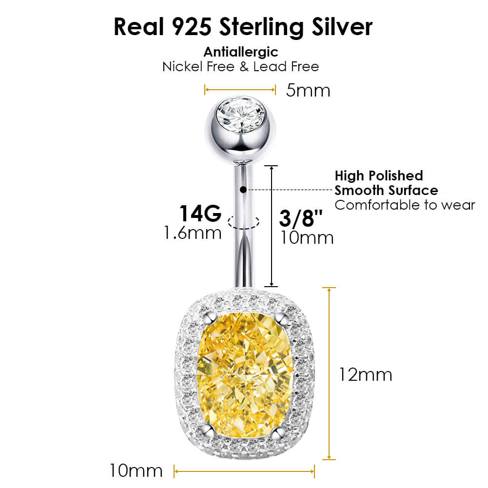 Arardo Sterling Silver Belly Button Rings,Real 925 Sterling Silver,14G Sterling Silver Navel Piercing Rings, Square Big CZ Gold SS61