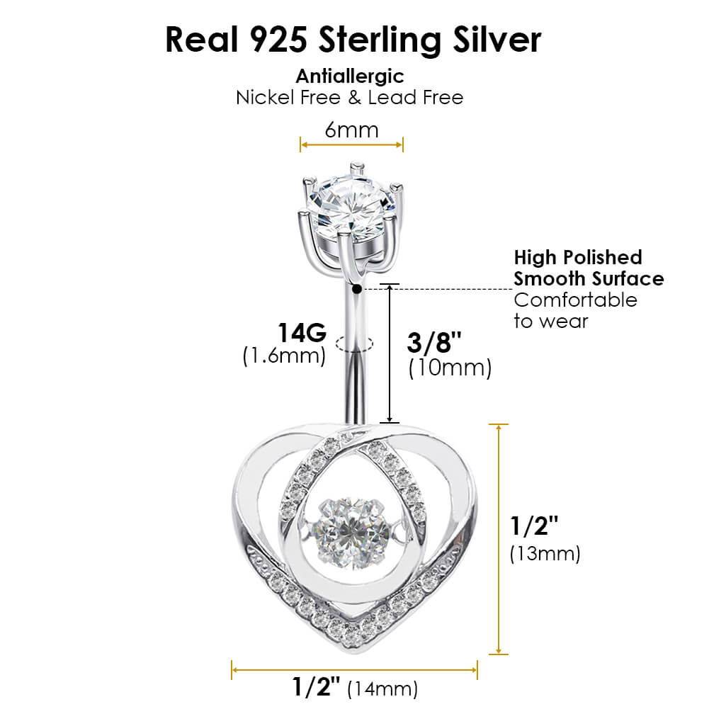 Arardo Sterling Silver Belly Button Rings, Real 925 Sterling Silver, Heart Shaped Belly Piercing, 14G Sterling Silver Navel Piercing Rings, Hollow Heart Crossing, SS62