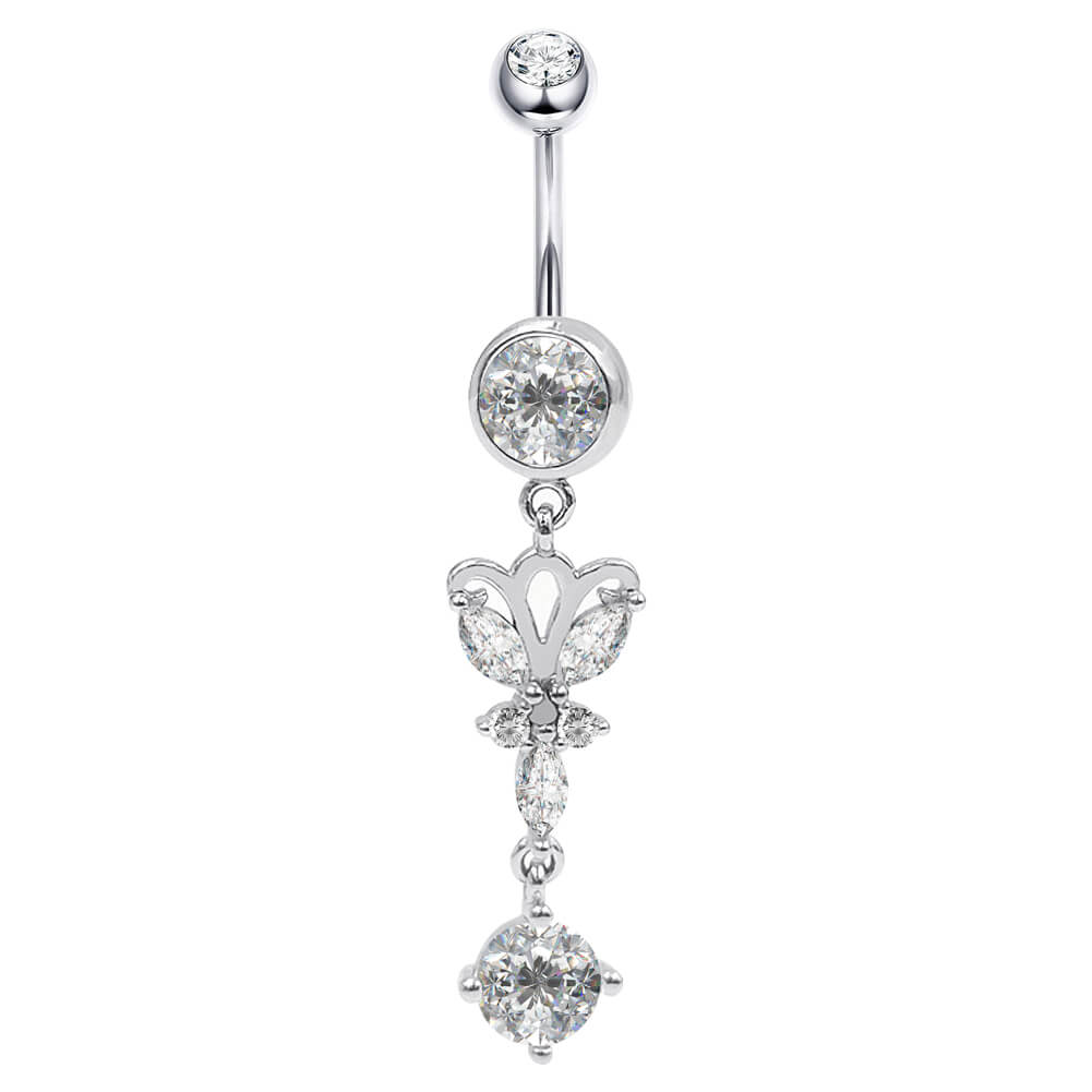Arardo Sterling Silver Dangle Belly Button Rings, Real 925 Sterling Silver Belly Rings, 14G Long Dangle Sterling Silver Navel Piercing Rings, Round CZ Dangle Butterfly, SS63