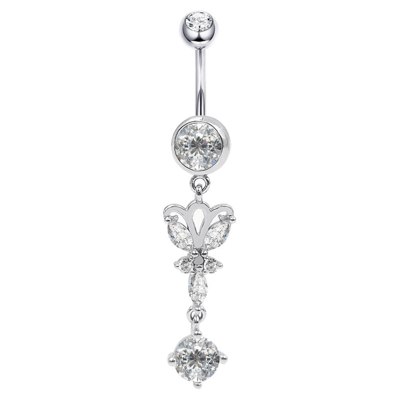 Arardo Sterling Silver Dangle Belly Button Rings, Real 925 Sterling Silver Belly Rings, 14G Long Dangle Sterling Silver Navel Piercing Rings, Round CZ Dangle Butterfly, SS63
